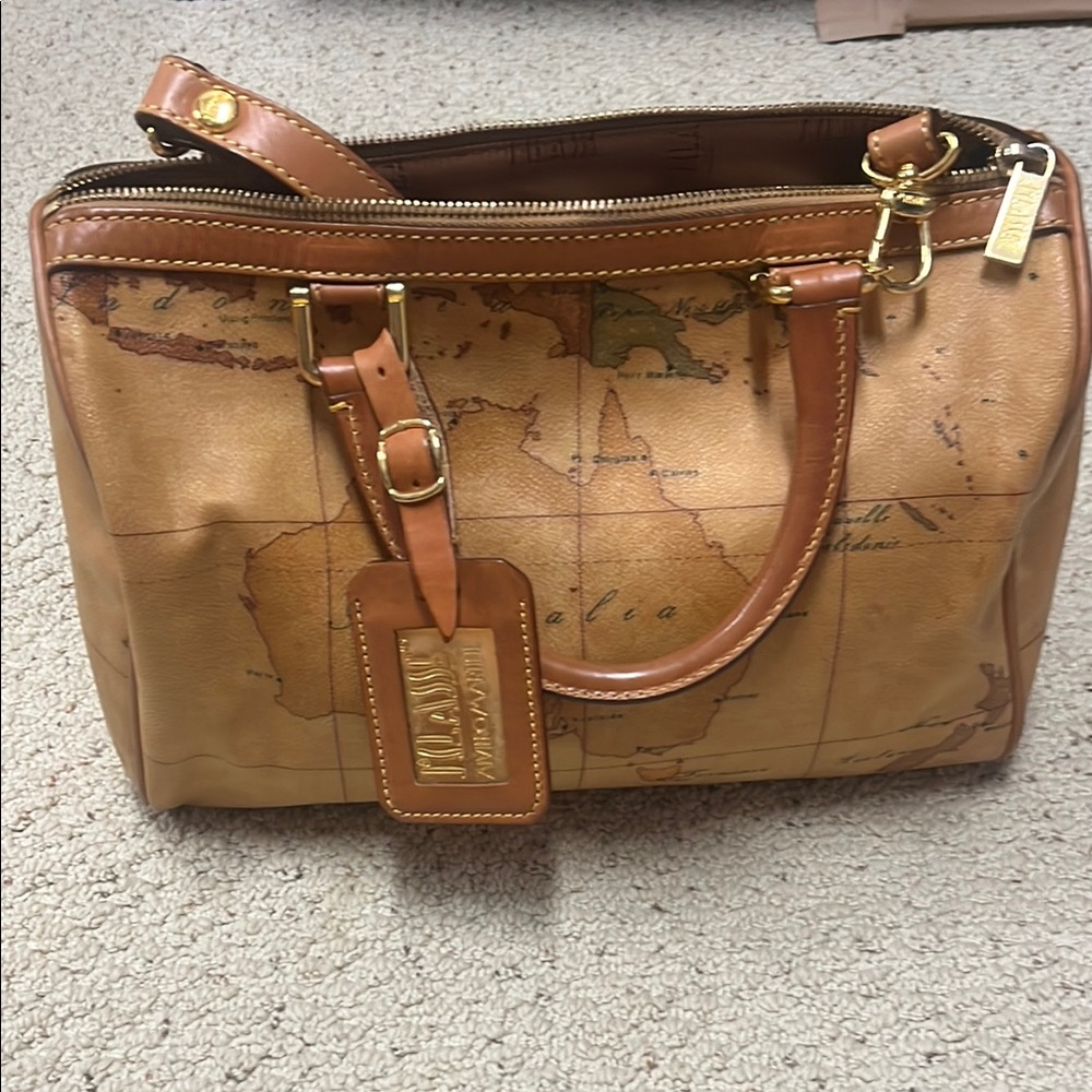 Alviero Martini Tan and Brown Satchel with World Map Design Like New!
